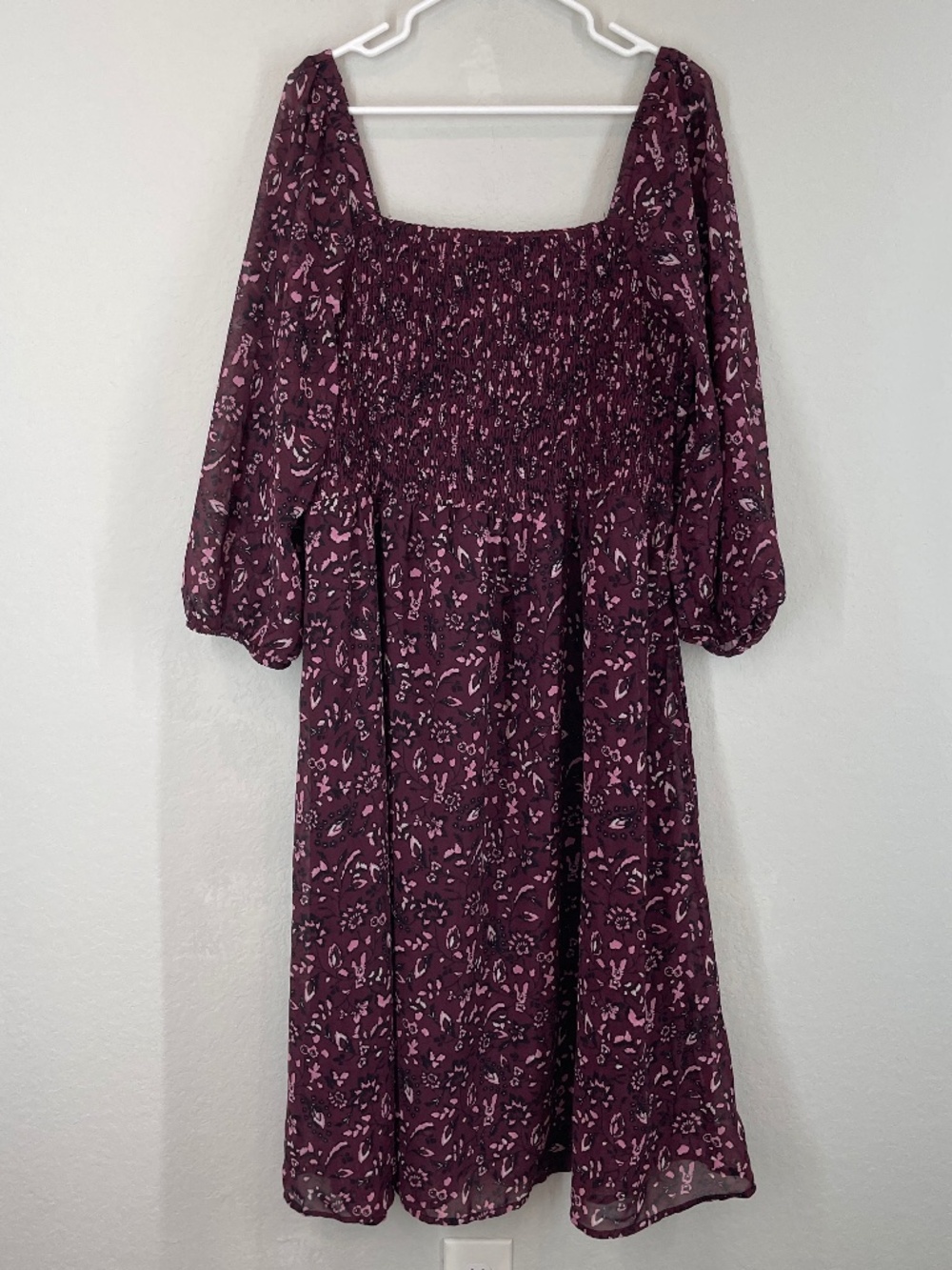 Beach Lunch Lounge Smocked Dress Women's XXL Midi Burgundy Floral